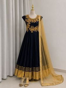 Navy Blue & Gold Embroidered Anarkali Gown | Flare