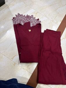 Maroon Kurta Set with White Lace Detail