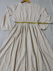 Korean Beige Pleated Midi Dress