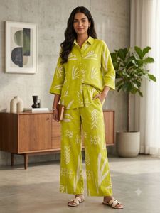 Lime Green Printed Button-Up Top coord set