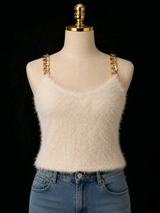 Cream Fuzzy Chain Strap Tank Top