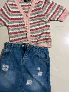Knit Cardigan &amp; Distressed Denim Skirt