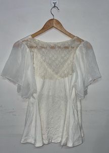 Elegant lace White V-Neck Flutter Sleeve Top