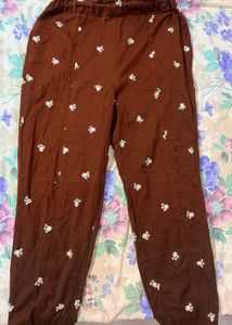 Brown Embroidered Pants with Belt