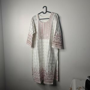 Elegant White Kurta with Pink & Brown Print