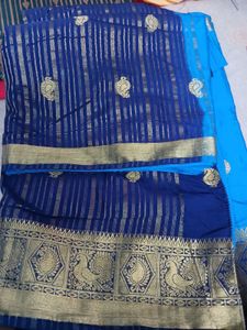 Vibrant Blue shiffon Saree with Golden Motif