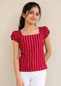 Ethnic Striped Puff-Sleeve Top For Teen Girls