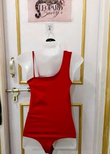 Chic Red One-Shoulder Bodysuit Top