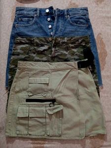 Cargo Denim Skirt with Camo Panel     korean skir