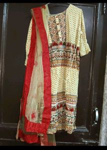 Yellow Printed Kurta Set  red lower with D