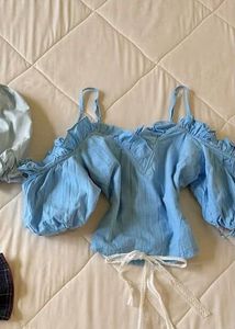 🦋Sky Blue Off-Shoulder Ruffle Cute Crop Top | Cot
