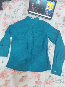 Teal Button-Up Shirt with Stitching Detail