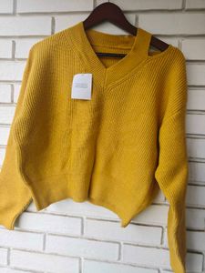 Mustard Yellow Cut-Out V-Neck Sweater