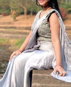 ready to wear Grey Silk Saree with belt