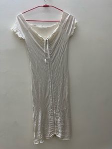 White Off-Shoulder Ruched Midi Dress