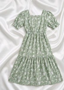 Green Floral Print Tiered Midi Dress