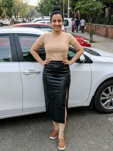 Zara Small Black Faux Leather Slit Long Skirt