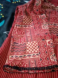Red Striped Kurta with Neck Embroidery