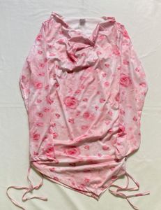 Pink Rose Print Drape Neck Top