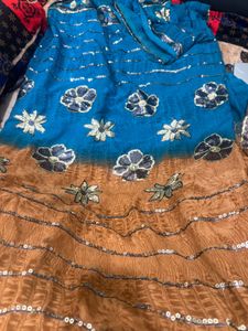 Elegant Blue &amp; Brown Floral Saree