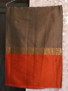 New Elegant Grey&amp;Orange LaceBorder CottonSilk Sar