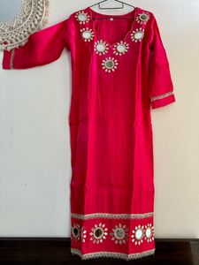 Fuschsia Pink Rich satin Mirror Work Suit pant set