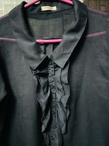 Sheer Ruffle Front Button-Up Blouse