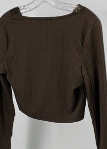 Brown Ribbed Lace Trim Crop Top💅