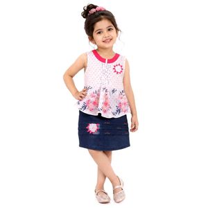 Cute Floral Print Top & Denim Skirt Set👗