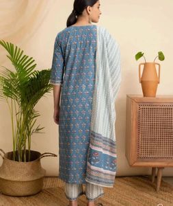 Blue Floral Print Kurta Set with Dupatta
