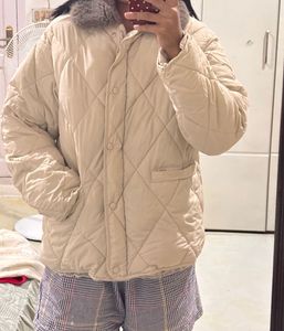 Cream Quilted Puffer Jacket with Fur Collar
