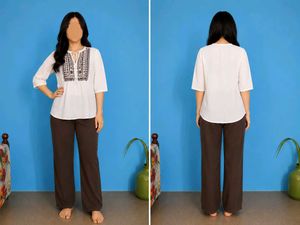 Embroidered White Cotton Tunic Top with brown pant