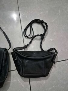Set of 2 Black Leather Shoulder Bags