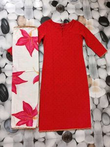 Red Kurta Set with Floral Dupatta
