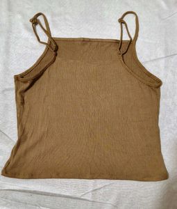 Trendy Beige Ribbed Cami Top + Blue Wide Leg Cargo