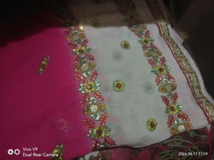 Pink &amp; White Embroidered Saree