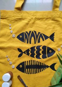 ellow Tote Bag with Fish Print (PURE HANDMADE 🤌�