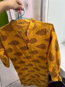Yellow Kurta with Brown Print