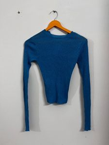 mango Blue Ribbed Long Sleeve Top