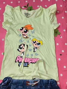 Cute Powerpuff Girls T-shirt &amp; Denim Shorts Set