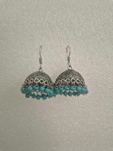 Silver Jhumka Earrings with Blue Beads - Unused