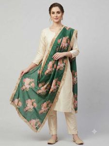 Green Floral Dupatta with Tassels