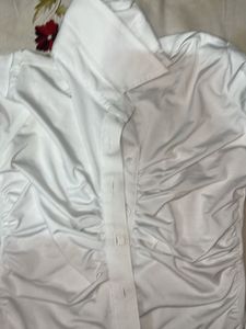 Chic Ruched White Button-Up Shirt