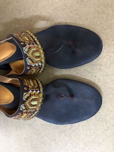 Embellished Navy Block Heel Sandals