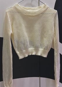 Cream Crochet Knit Cropped Sweater