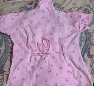 Pink Bow Print Button-Up Shirt