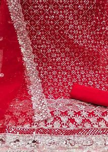Red dress material with embroidery work