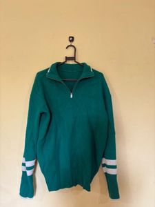 unisex Green Zip-Up Knit Sweater with Stripes