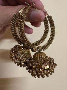 Gold Jhumka Earrings with Crystals