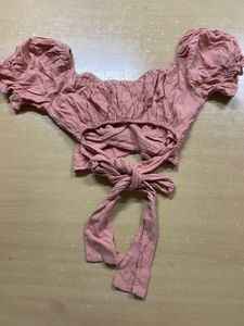 Pink Puff Sleeve Crop Top with Tie
